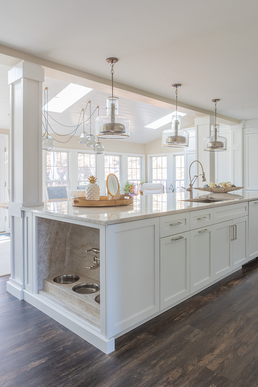 Scherr kitchen remodel with white island, glass pendant lighting, and coffered ceiling